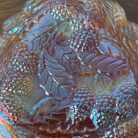 Indiana Glass Co. Berry Motif Triangular Bowl Orange Marigold Glass Vintage - Picture 7 of 11